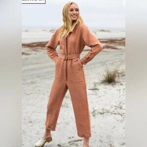 NWT Able Charlyn Linen-Blend Jumpsuit in Amber Brown, Size XL